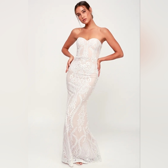 Lulus Dresses & Skirts - LULUS Lace Strapless Maxi Dress Small White Beige You Belong With Me Bridal
